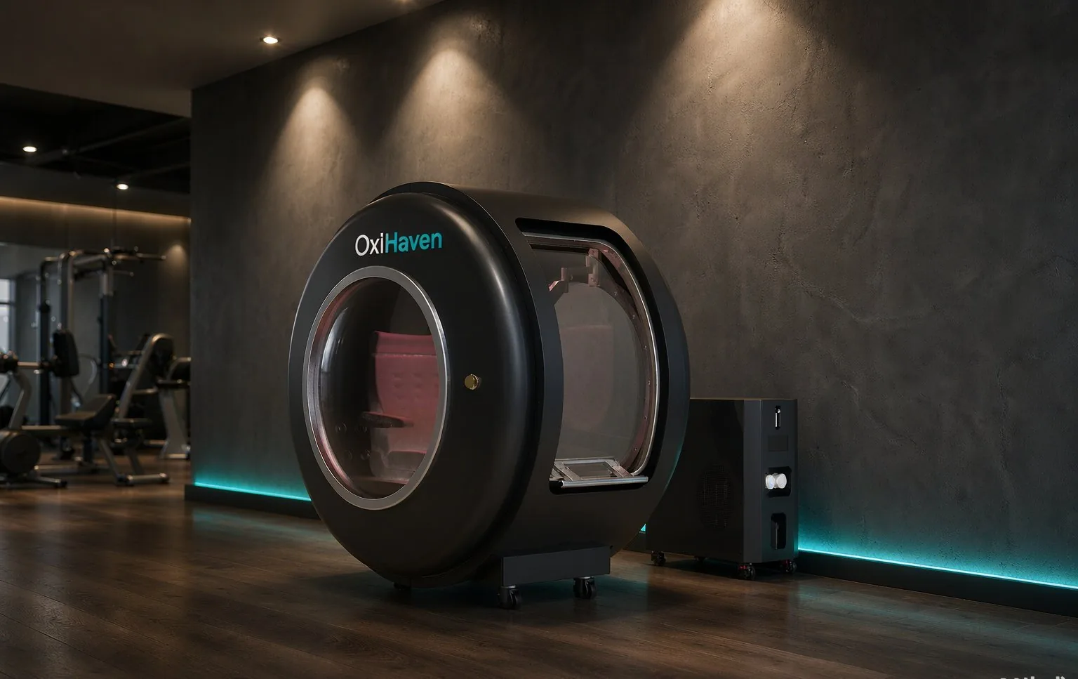 Round hyperbaric chamber in a gym for sports recovery