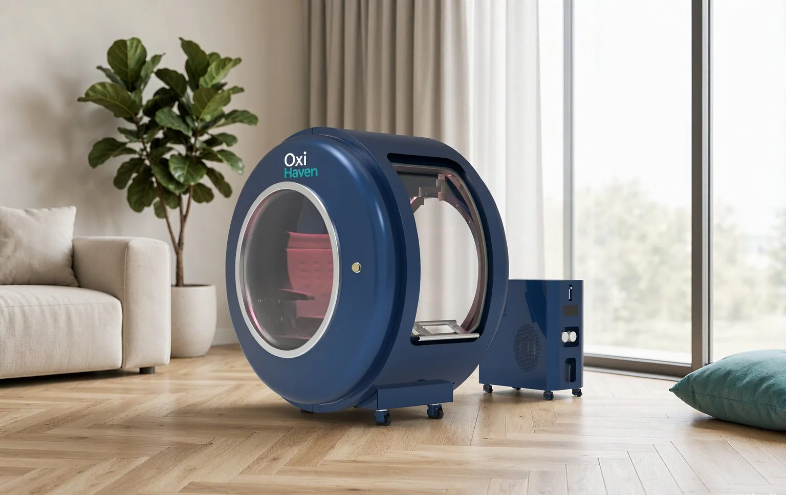 Time Capsule round home hyperbaric chamber in a living room